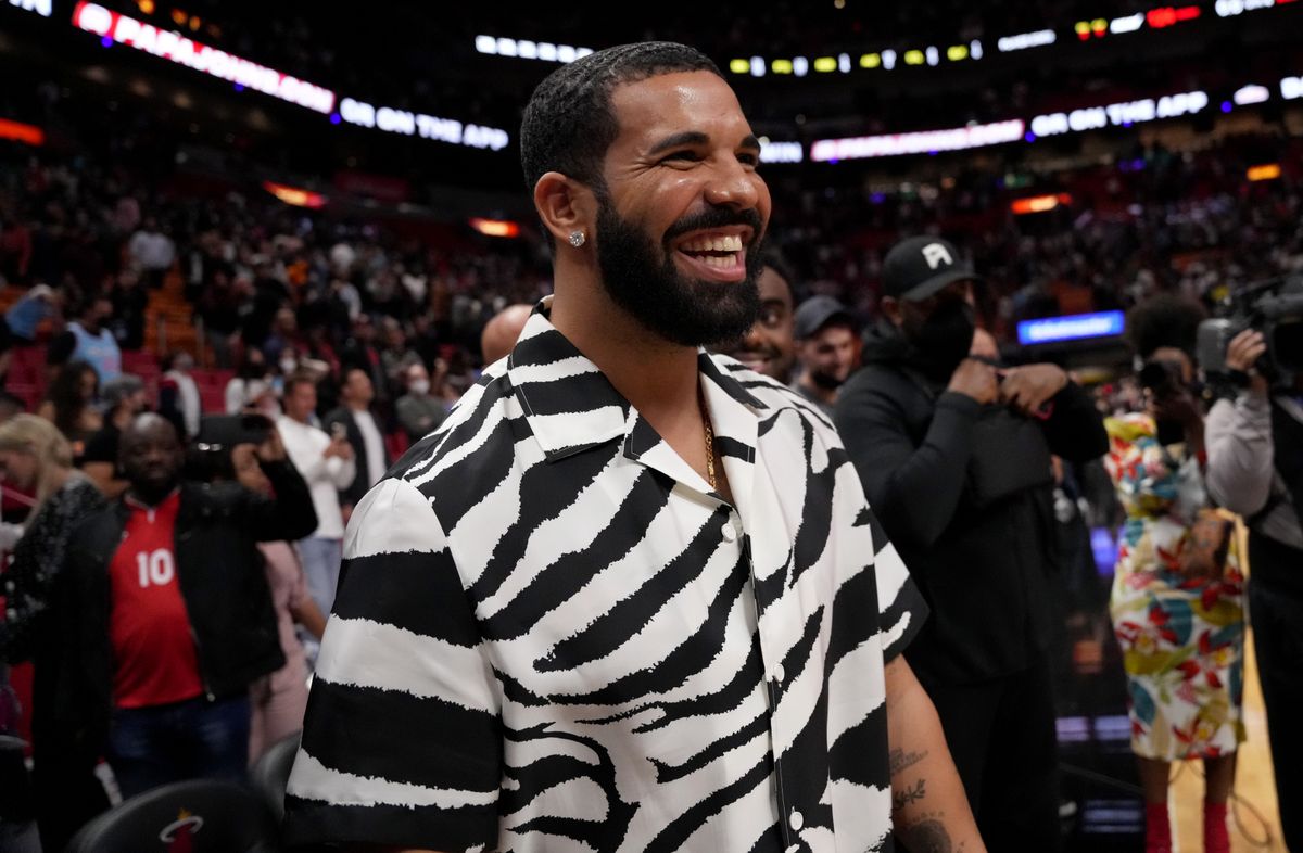 Drake reacts after attending the game between the Miami Heat and the Atlanta Hawks