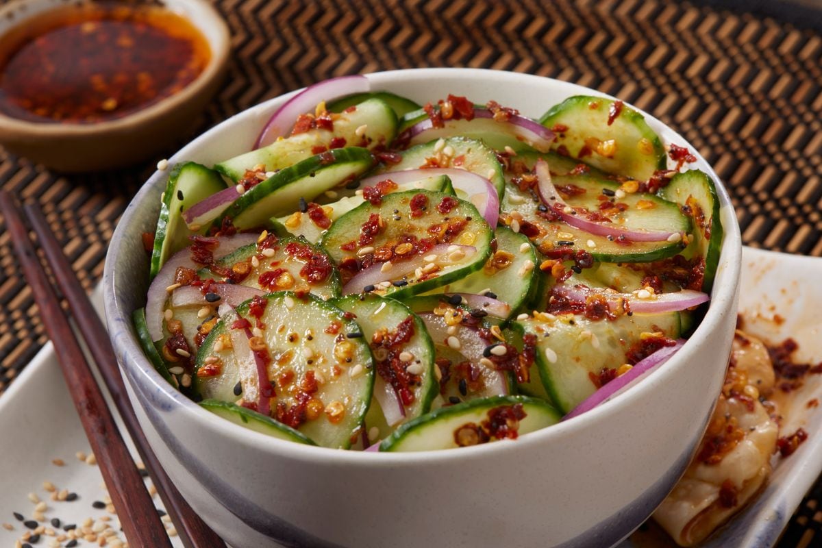 Asian Cucumber Salad with Red Onions and Chili Crunch Oil
