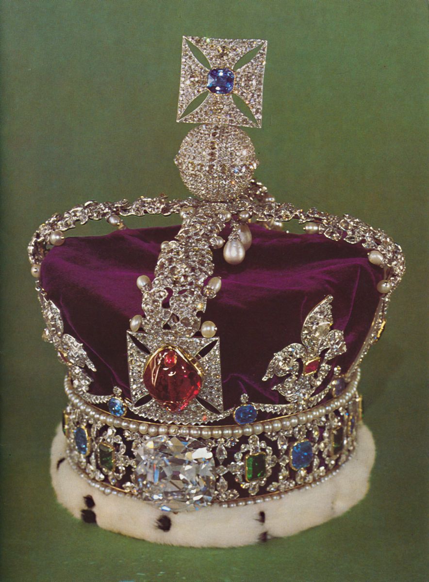 The Imperial State Crown, worn on State occasions. In front is the balas ruby given to the Black Prince in the fourteenth century', 1953. The piece was commissioned for the coronation of George VI (1937) and is part of the Royal Collection at the Tower of London.