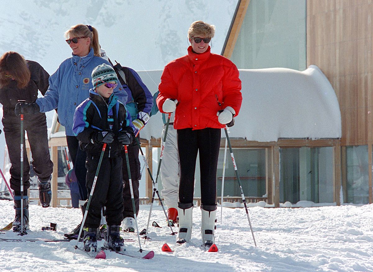 Princess Diana hits the slopes with a young Prince Harry during a family ski vacation, a childhood tradition the Duke of Sussex is now sharing with his own children.