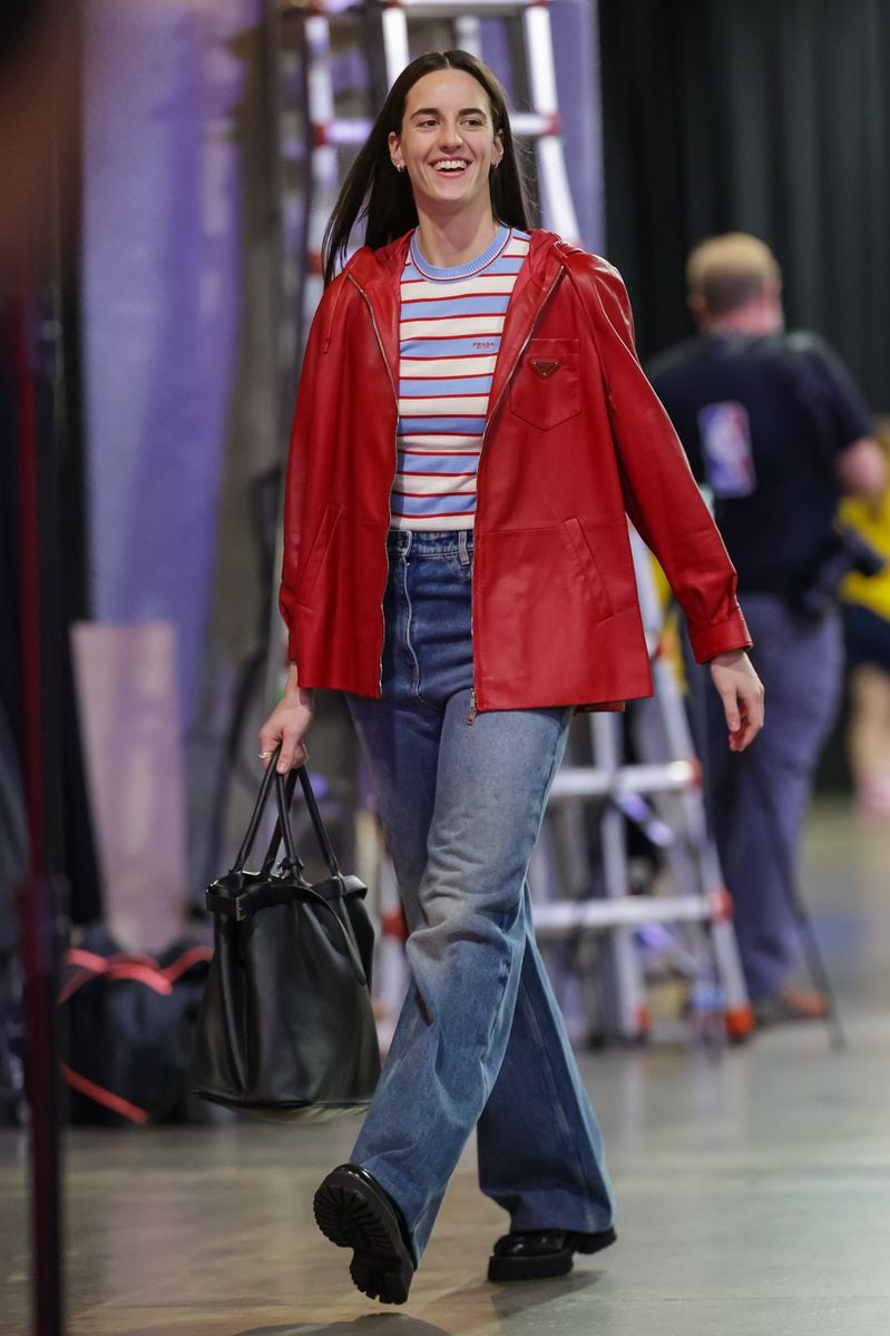  Caitlin Clark #22 of the Indiana Fever arrives before the game against the New York Liberty at Gainbridge Fieldhouse on June 14, 2025 in Indianapolis, Indiana. 