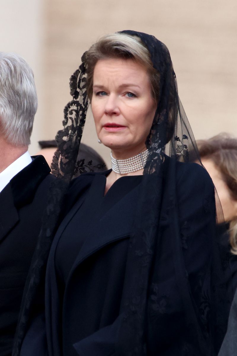 Queen Mathilde of Belgium attends the solemn funeral service of Pope Emeritus Benedict XVI led by Pope Francis in St Peter's Square,  on January 05, 2023 in Vatican City, Vatican. 