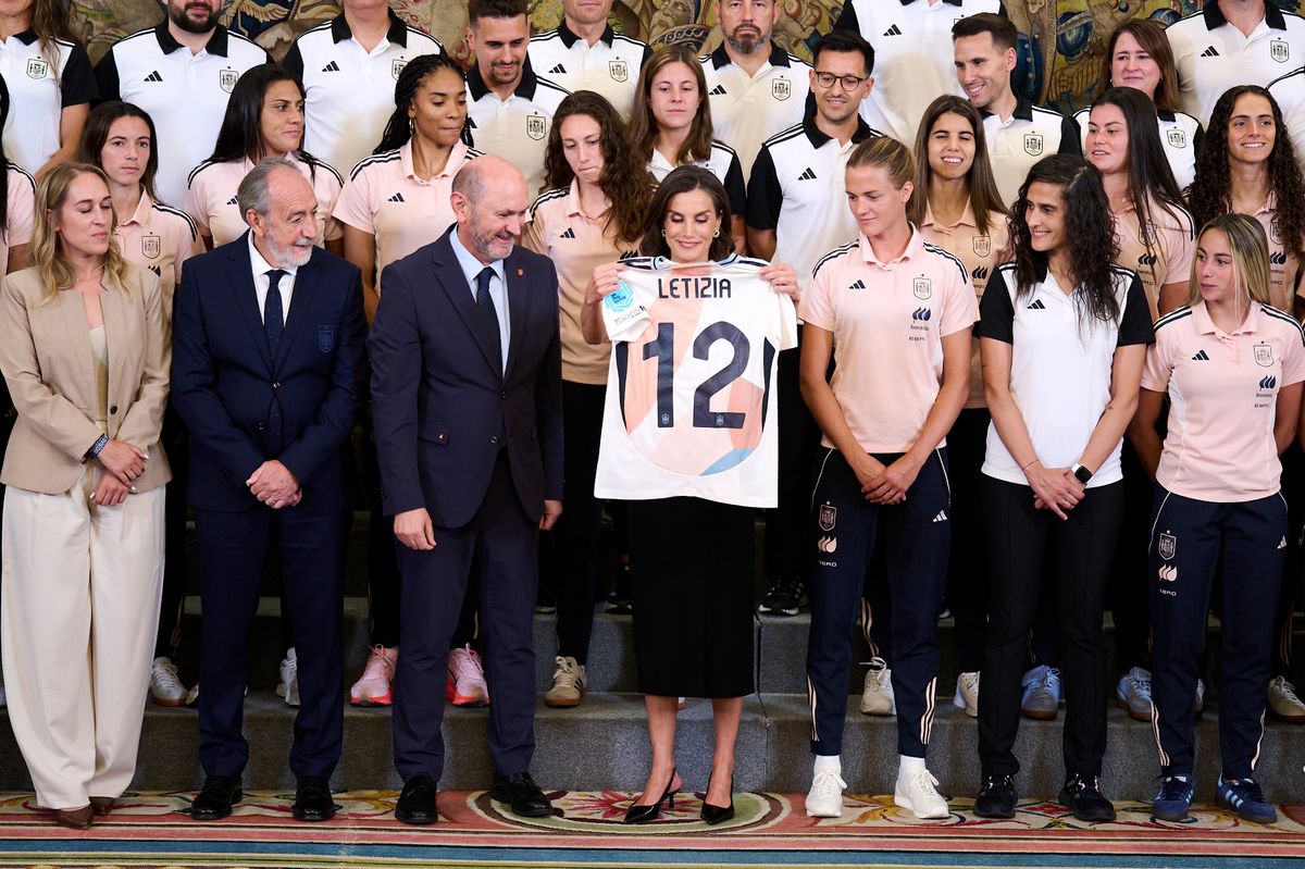 Queen Letizia of Spain (C) receives in audience the Women's National Football Team participating in Uefa Women's EURO 2025 at the Zarzuela Palace on June 25, 2025 in Madrid, Spain. 