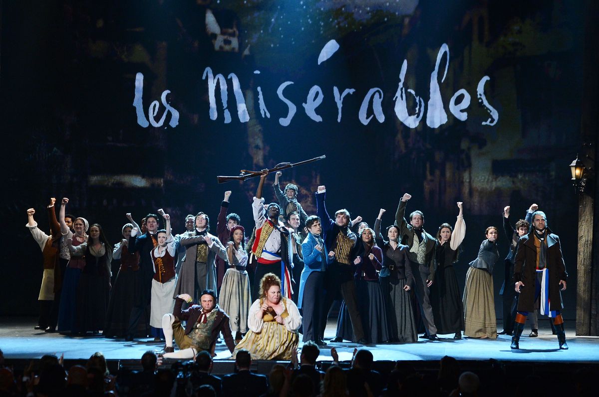 The cast of Les Misérables performs onstage during the 68th Annual Tony Awards 