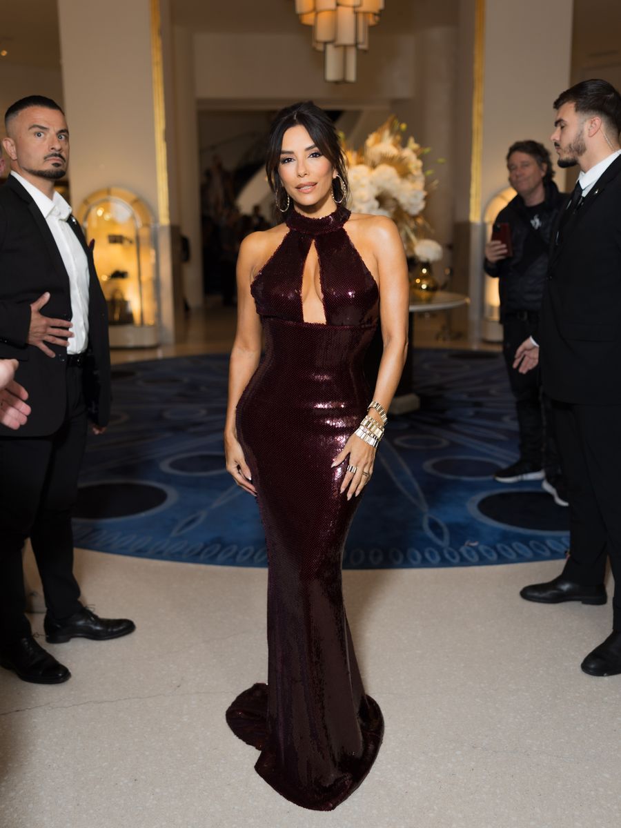 Longoria stunned in a rich burgundy sequined halter gown from the Sergio Hudson Spring 2026 collection