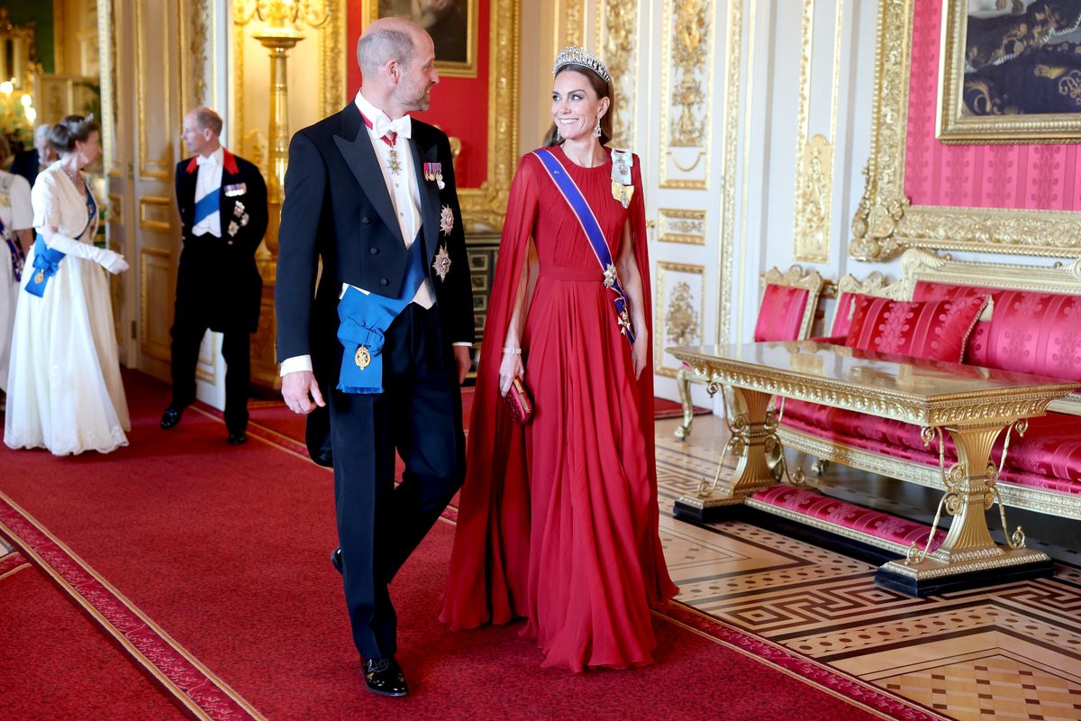 WINDSOR, ENGLAND - JULY 08: Prince William, Prince of Wales and Catherine, Princess of Wales attend the State Banquet at Windsor Castle on July 08, 2025 in Windsor, England. President Emmanuel Macron and Mrs Brigitte Macron visit the UK in the first visit State Visit made by France in 17 years. They are staying at Windsor Castle, hosted by King Charles III and Queen Camilla, and a banquet will be held there in their honour. The Macrons will visit Imperial College, and the President will address Parliament during his stay. (Photo by Chris Jackson/Getty Images)