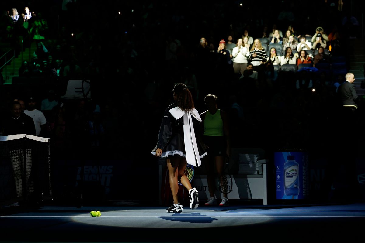 Naomi Osaka of Japan is introduced before facing Aryna Sabalenka during the Garden Cup.