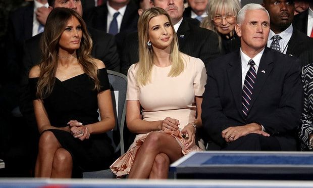 Ivanka smiled (in between stepmother Melania Trump and GOP VP nominee Mike Pence) as she watched her father debated Hillary on stage.
Photo: Joe Raedle/Getty Images