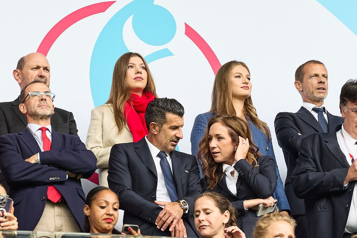 Princess Leonor and Infanta Sofía join UEFA President Aleksander Čeferin and soccer legend Luis Figo during the UEFA Women’s Euro 2025 final between Spain and England in Basel, Switzerland.