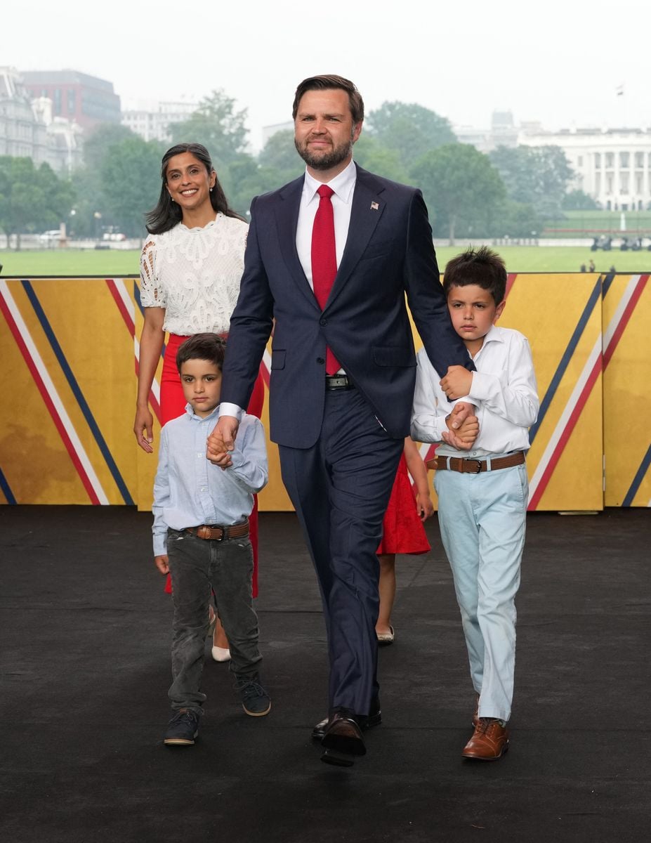 US Vice President JD Vance, his wife Usha Vance and their children attend the Army 250th Anniversary Parade in Washington, DC on June 14, 2025. Trump's long-held dream of a parade will come true as nearly 7,000 troops plus dozens of tanks and helicopters rumble through the capital in an event officially marking the 250th anniversary of the US army. (Photo by Doug MILLS / POOL / AFP) (Photo by DOUG MILLS/POOL/AFP via Getty Images)          