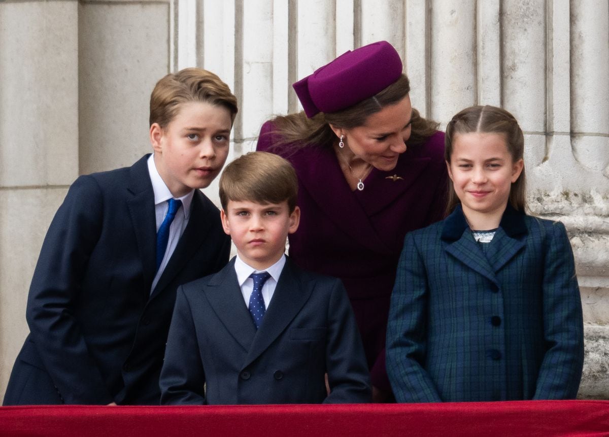 LONDON, ENGLAND - MAY 05: Prince George, Catherine, Princess of Wales, Prince Louis and Princess Charlotte watch the flypast to mark the 80th anniversary of VE Day on May 05, 2025 in London, England. The King and Queen, joined by Members of the Royal Family, will take part in events from May 5th to May 8th to commemorate the 80th anniversary of VE Day, which signalled the end of the Second World War in Europe. (Photo by Samir Hussein/WireImage)