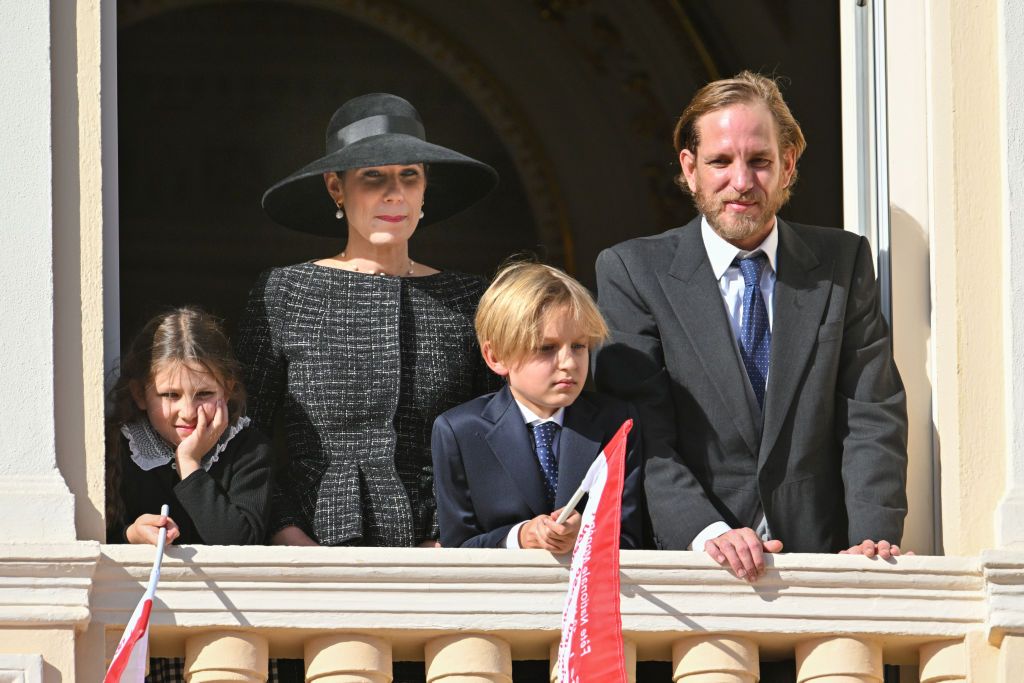 India Casiraghi, Tatiana Santo Domingo, Sacha Casiraghi and Andrea Casiraghi appear at the Palace balcony during the Monaco National Day on November 19, 2022 in Monte-Carlo, Monaco.
