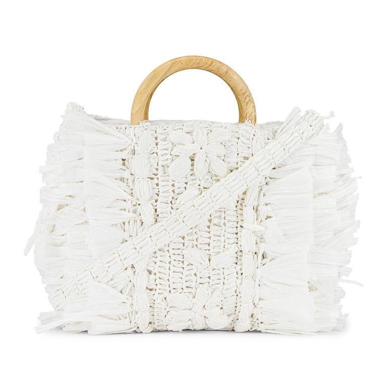 White raffia weekender with wooden handle by Cleobella