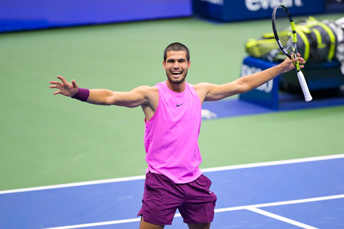 NEW YORK, NEW YORK - SEPTEMBER 07: Carlos Alcaraz reacts after winning the men's singles championship match at the USTA Billie Jean King National Tennis Center on Sunday, September 7, 2025 in Flushing, New York. (Pete Staples/USTA via Getty Images)