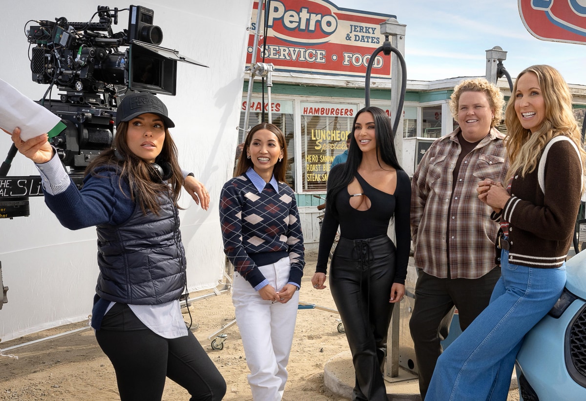 Kim Kardashian smiles in skin-tight leather on set of new Eva Longoria Netflix movie