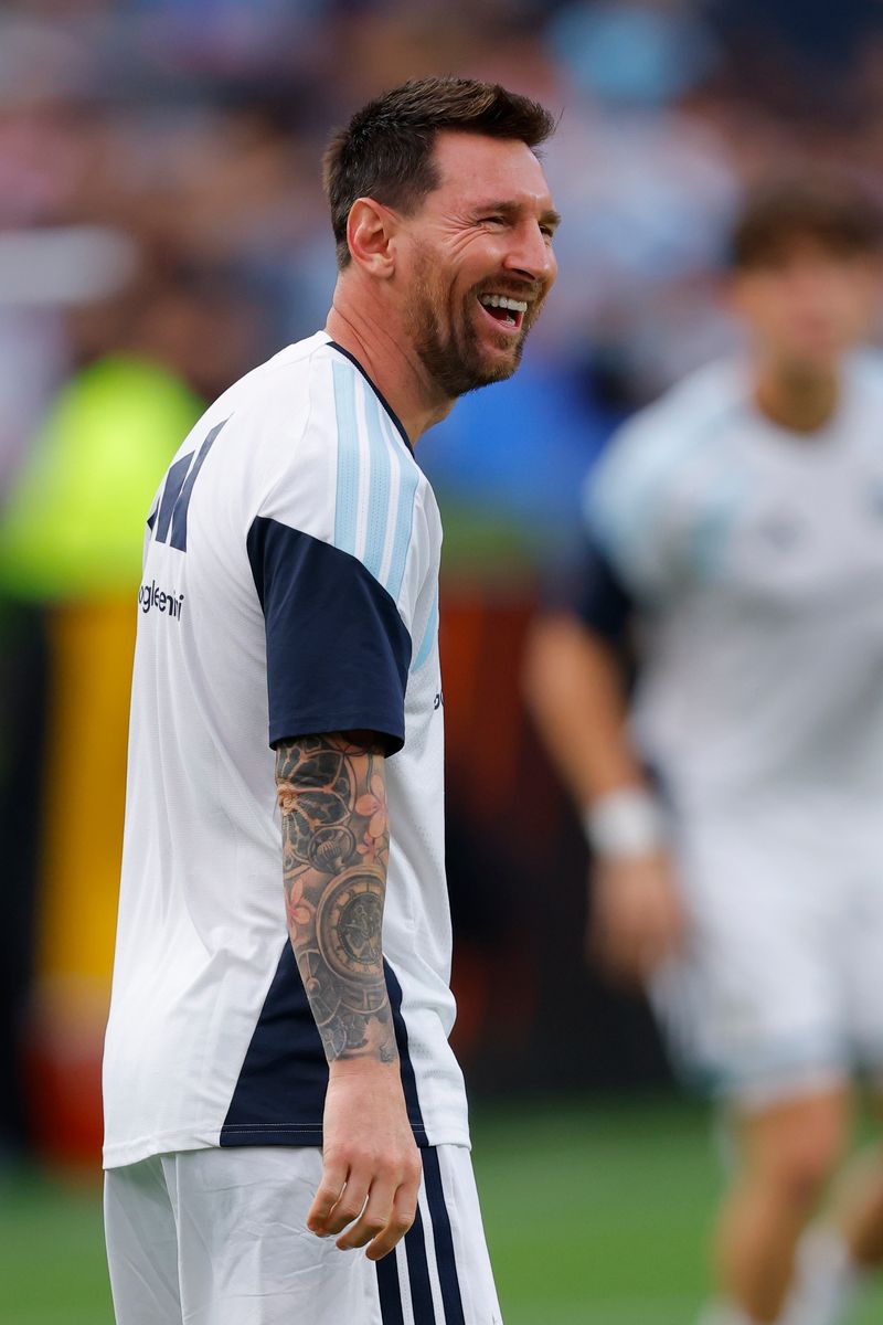 Lionel Messi of Argentina warms up prior to the international friendly match between Argentina and Iceland at Jordan-Hare Stadium on June 09, 2026 in Auburn, Alabama.