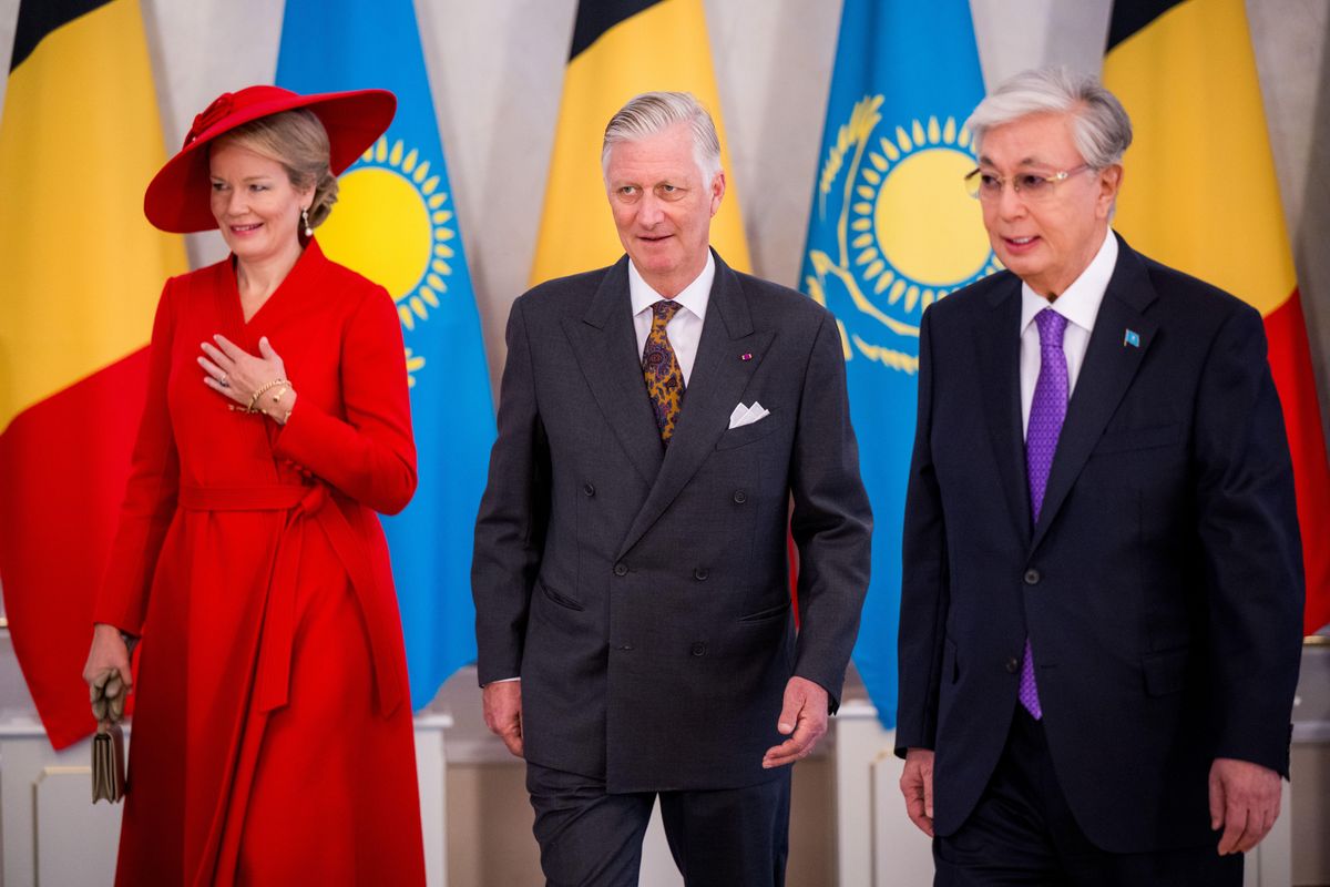 Queen Mathilde and King Philippe join President Kassym-Jomart Tokayev for the official welcoming ceremony at Akorda Presidential Palace.
