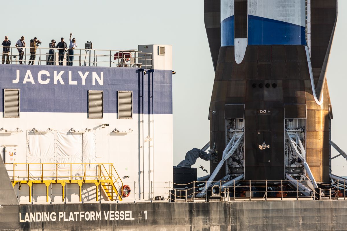 Jeff Bezos and his wife Lauren Sanchez are seen on board the Landing Vessel Jacklyn as Blue Origin's New Glenn rocket arrives in Port Canaveral.