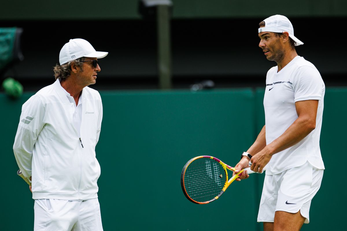 Nadal practices on centre court at the AELTC with Francisco Roig