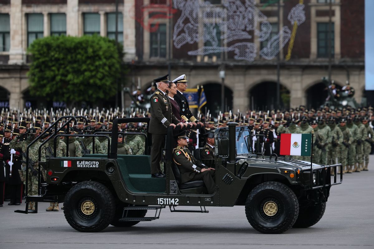 Secretary of National Defense of Mexico Ricardo Trevilla Trejo, President of Mexico Claudia Sheinbaum, and Secretary of the Navy of Mexico Admiral Raymundo Pedro Morales Angeles during the Independence Day military parade at Zocalo.