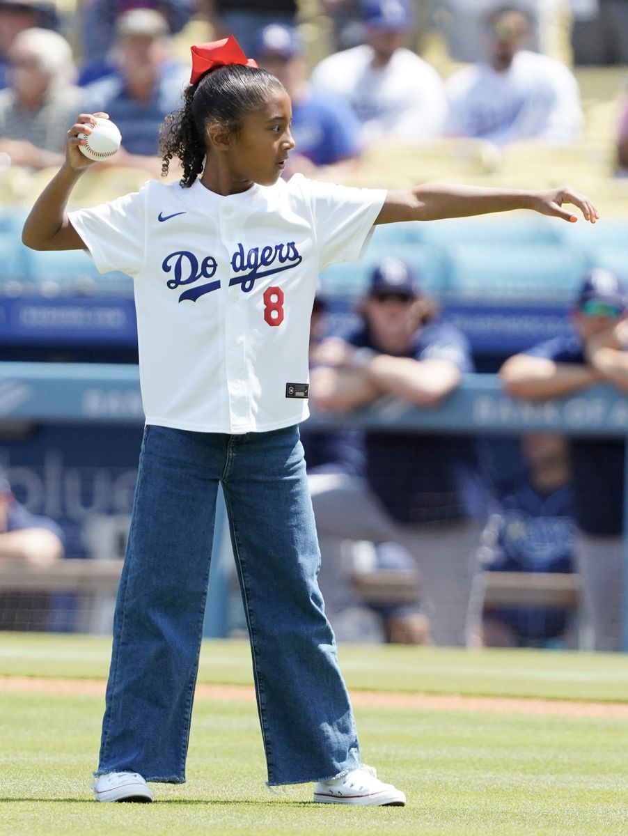 Vanessa Bryant and her daughters Natalia, Bianka, and Capri are seen before the Los Angeles Dodgers game against the Tampa Bay Rays at Dodger Stadium on August 25, 2024, in Los Angeles, California.