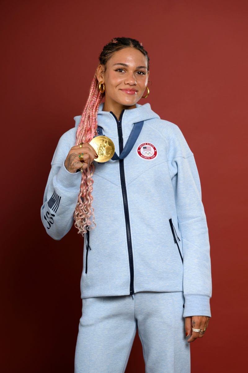 Olympian Trinity Rodman of Team United States poses on the Today Show Set on August 11, 2024 in Paris, France. (Photo by Kristy Sparow/Getty Images)