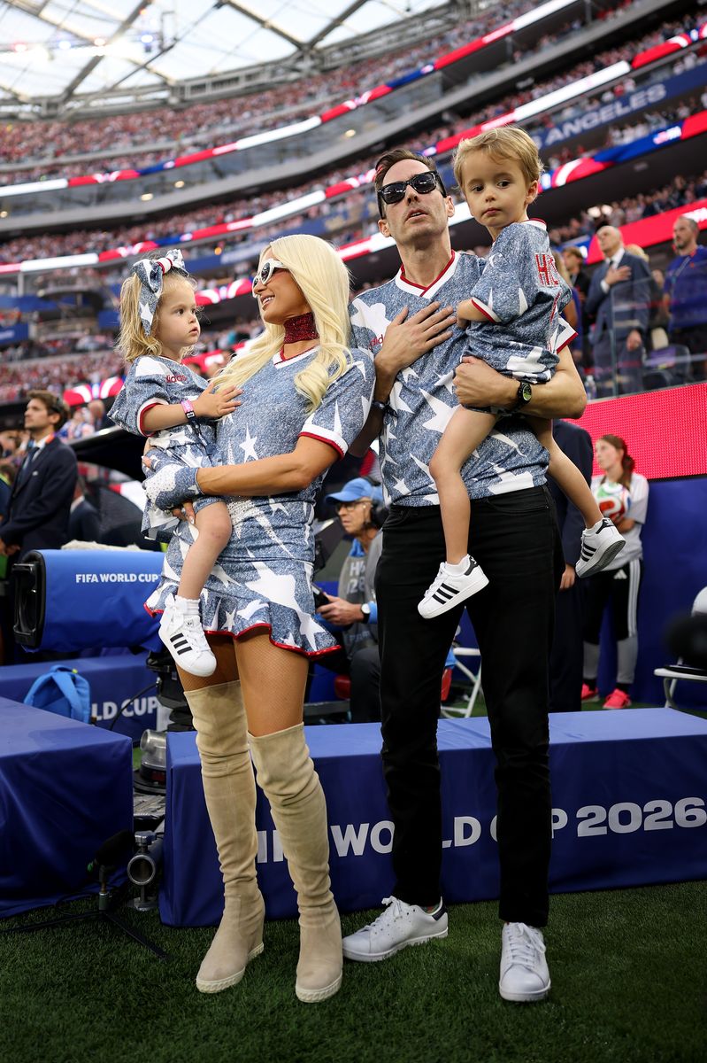 Paris Hilton, her husband Carter Reum and children Phoenix Hilton-Reum and London Hilton-Reum are seen before the FIFA World Cup 2026