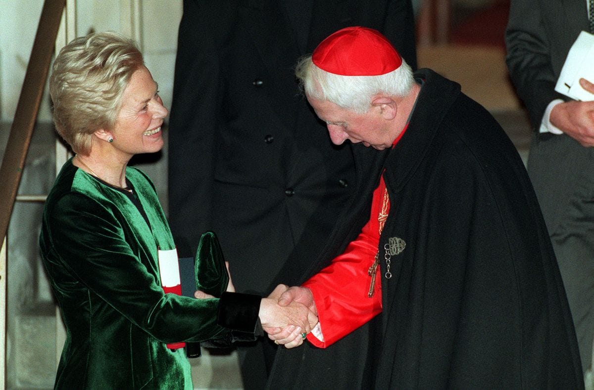 The Duchess of Kent shakes hands with the Archbishop of Westminster, Cardinal Hume.