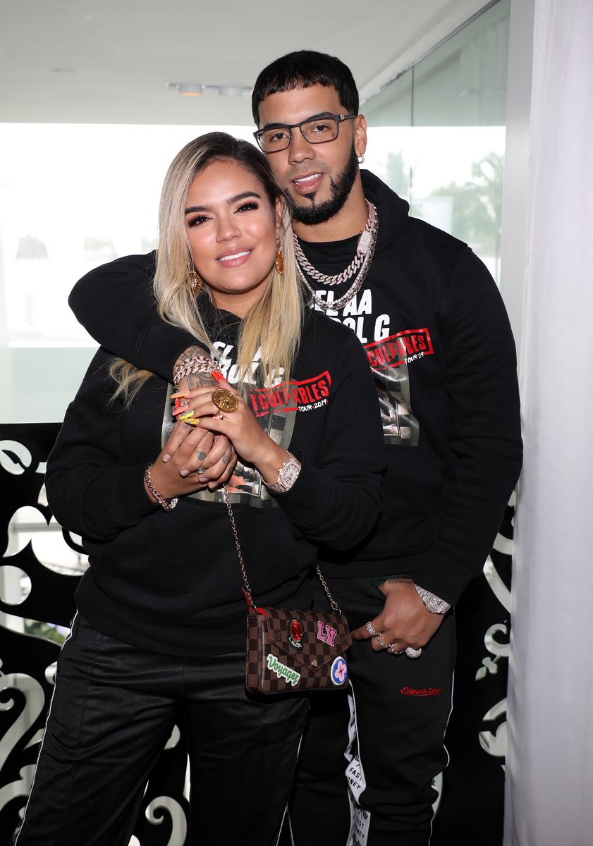  Anuel AA and Karol G are seen at a press conference to announce their joint Latin America Tour at the Mondrian Hotel on January 23, 2019 in Miami Beach, Florida.  (Photo by Alexander Tamargo/Getty Images)