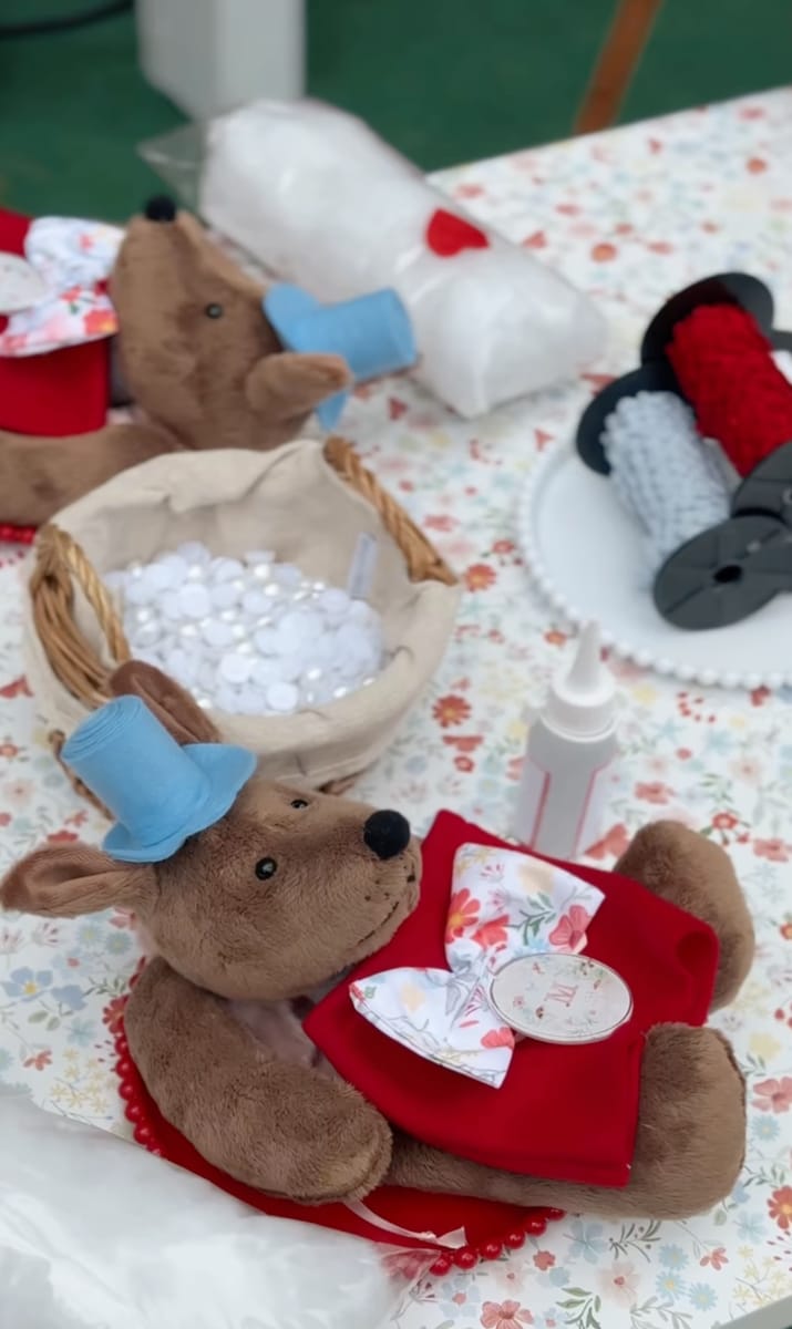 Plush teddy bears, personalized party hats, and sweet crafts.