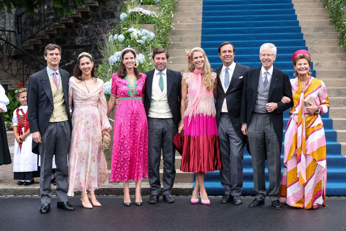 VADUZ, LIECHTENSTEIN - AUGUST 30: Josef von und zu Liechtenstein, Maria Claudia EchavarrÃ­a Suarez, Princess Marie-Astrid von Liechtenstein, Raphael Worthington, Princess Maria-Anunciata von Liechtenstein, Emanuele Musini, Prince Nikolaus of Liechtenstein and Princess Margaretha of Luxembourg attend the wedding of Princess Marie Caroline of Liechtenstein To Mr Leopoldo Maduro Vollmer at Cathedral of St. Florin on August 30, 2025 in Vaduz, Liechtenstein. (Photo by Gerald Matzka/Getty Images)