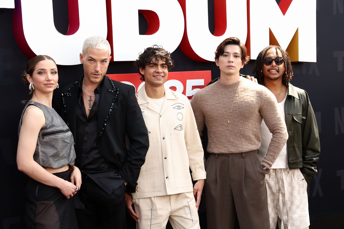 Emily Rudd, Taz Skylar, Iñaki Godoy, Mackenyu and Jacob Romero attend the Netflix Tudum 2025: The Live Event at The Kia Forum on May 31, 2025 in Inglewood, California. (Photo by Tommaso Boddi/FilmMagic)