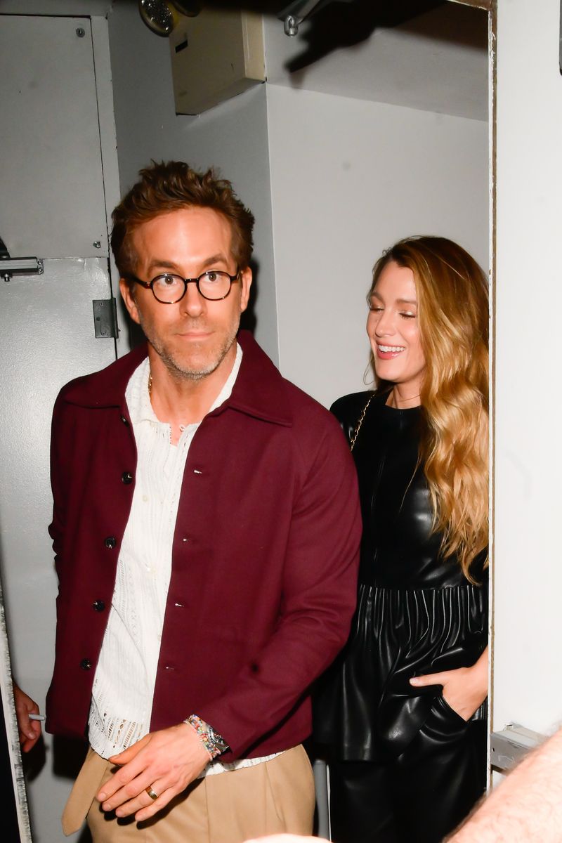 Blake Lively and Ryan Reynolds arrive at "Sexual Misconduct of the Middle Classes" at Minetta Lane Theater on April 29, 2025 in New York City.