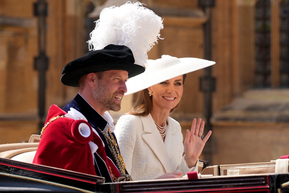 Britain's Prince William, Prince of Wales (L) and Britain's Catherine, Princess of Wales (R) leave in a carriage after the Order of the Garter service at St George's Chapel in Windsor Castle, west of London, on June 16, 2025. The Order of the Garter is the oldest and most senior Order of Chivalry in Britain, established by King Edward III nearly 700 years ago (Photo by Yui Mok / POOL / AFP) (Photo by YUI MOK/POOL/AFP via Getty Images)          