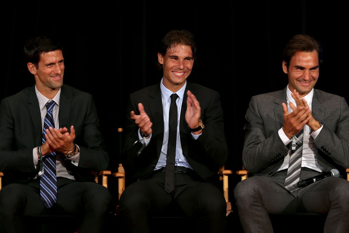 Novak Djokovic, Rafael Nadal, and Roger Federer of Switzerland on stage during the ATP Heritage Celebration at The Waldorf=Astoria on August 23, 2013 in New York City.