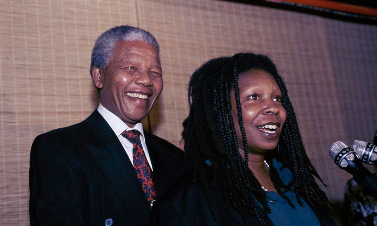 Nelson Mandela with Actress Whoopi Goldberg at Microphone