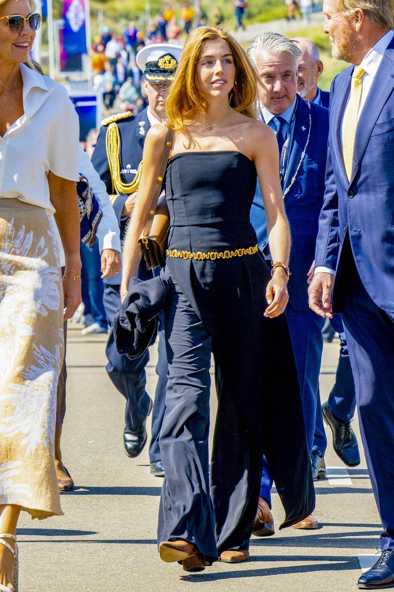 Princess Alexia opted for a sleek all-black ensemble featuring a strapless top and flowing wide-leg trousers.