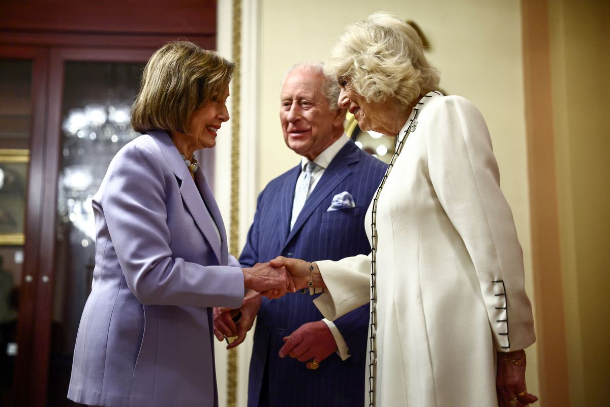 Britain's King Charles III and Queen Camilla are greeted by former Speaker of the US House of Representatives Nancy Pelosi, before the King's address to a Joint Meeting of Congress in the House Chamber 