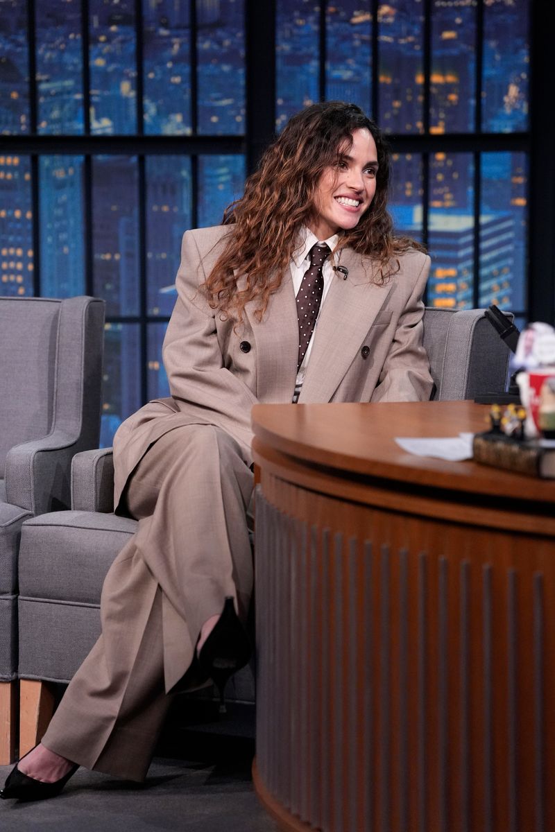 Adria Arjona during an interview with host Seth Meyers 