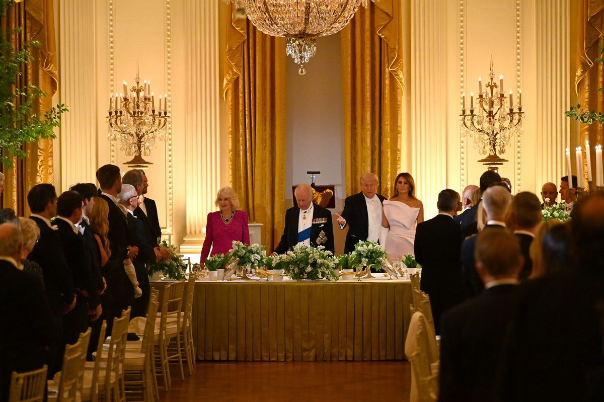  (L-R) Queen Camilla, King Charles III, U.S. President Donald Trump, and First Lady Melania Trump attend an official state dinner hosted by the President and First Lady at The White House on day two of the State Visit.
