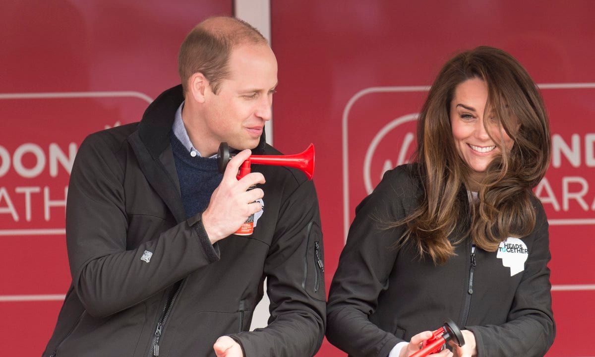 William had fun blowing an air horn at his wife during the 2017 Virgin Money London Marathon.