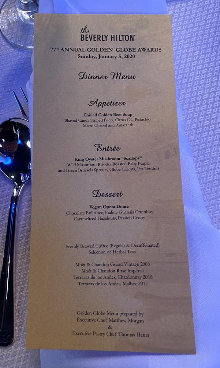 Golden Globes vegan dinner menu