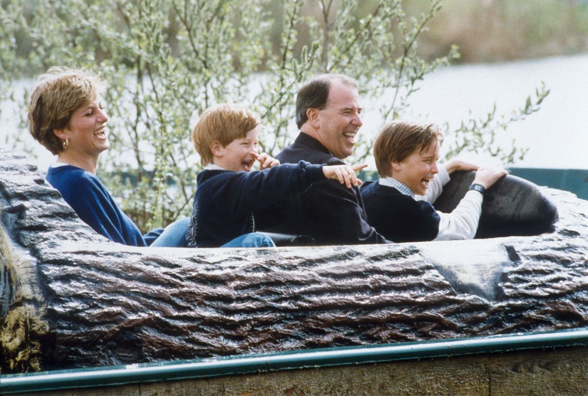 Princess Diana enjoys a day at Thorpe Park with Prince William and Prince Harry on April 18, 1992, giving her sons a fun-filled break from royal life.
