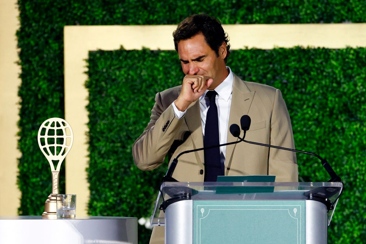 Roger Federer emotional during his induction speech at the International Tennis Hall of Fame