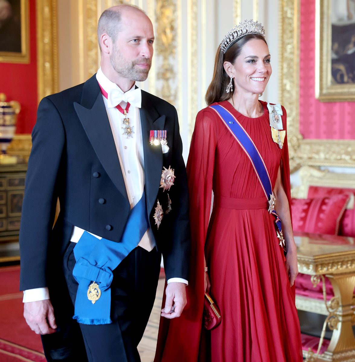 Prince William, Prince of Wales and Catherine, Princess of Wales attend the State Banquet at Windsor Castle on July 08, 2025 in Windsor, England. 
