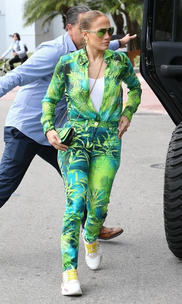 Jennifer Lopez in tropical print pants and top