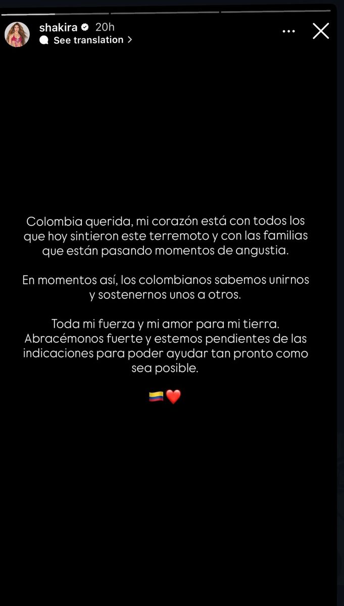 Shakira reacts to Colombia earthquake with emotional message