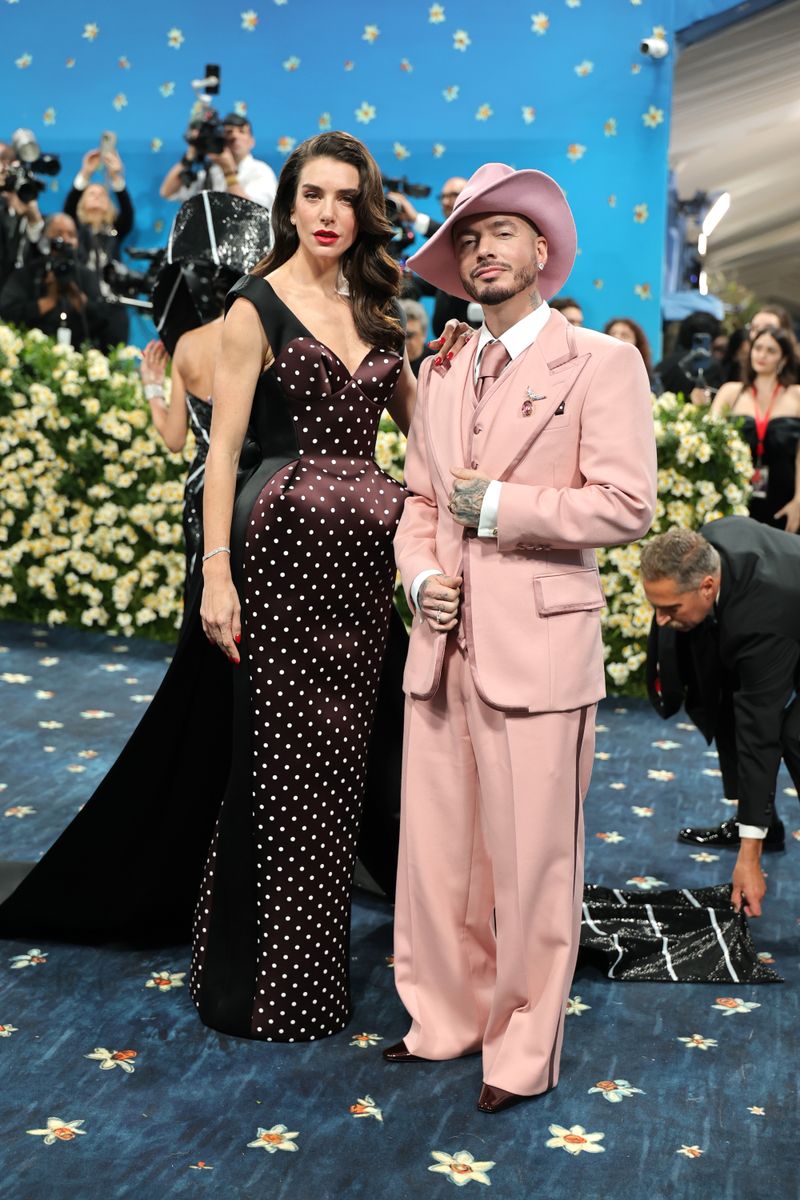 Valentina Ferrer and J Balvin attend the 2025 Met Gala Celebrating "Superfine: Tailoring Black Style"