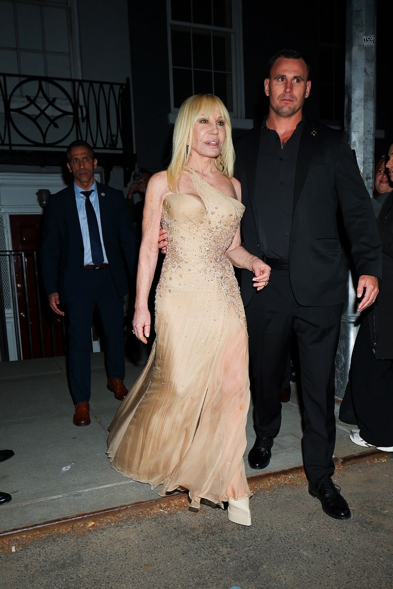 Donatella Versace seen at Anna Wintour's annual pre Met Gala dinner in Greenwich Village on May 03, 2026 in New York City. 