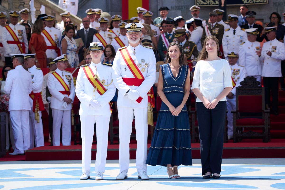 MARIN, PONTEVEDRA, SPAIN - JULY 16: (L-R) Crown Princess Leonor of Spain, King Felipe VI of Spain, Queen Letizia of Spain and Princess Sofia of Spain attend a presentation of Royal dispatches of employment at Escuela Naval on July 16, 2025 in Marin, Pontevedra, Spain. (Photo by Carlos Alvarez/Getty Images)